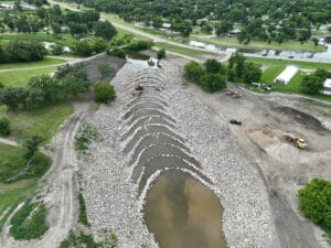Aerial view of Mayville Dam after being reconstructed with Rock Riffles instead of a low-head dam.
