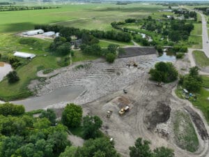 Overhead view from drone of nearly completed Mayville Dam on Goose River.
