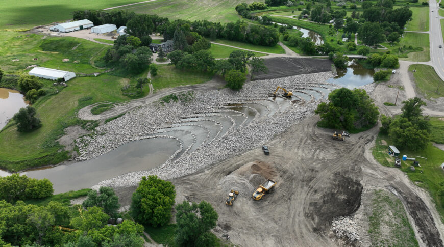 default Overhead view from drone of nearly completed Mayville Dam on Goose River.
