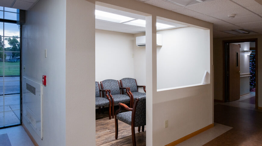 Aberdeen Dental in Britton-Low Res-30 Waiting area room with half partition wall, that houses six waiting chairs.