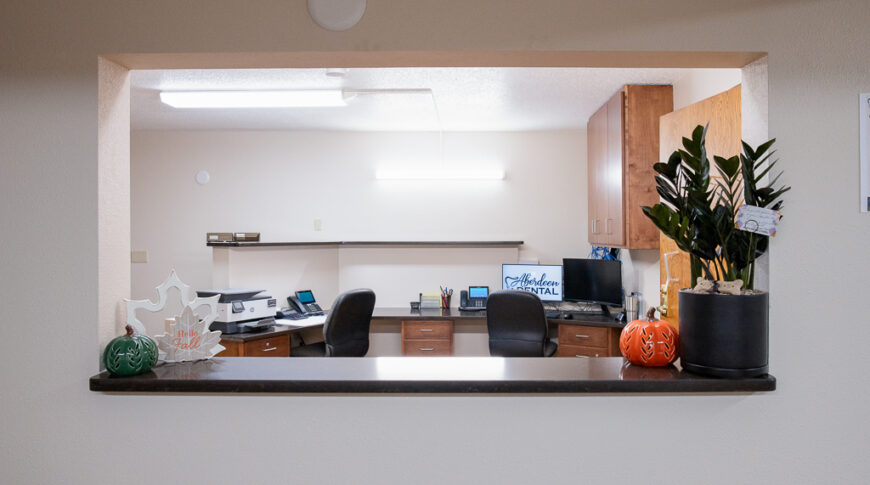 Aberdeen Dental in Britton-Low Res-33 Pass-through window from Reception office to waiting area at dental office.