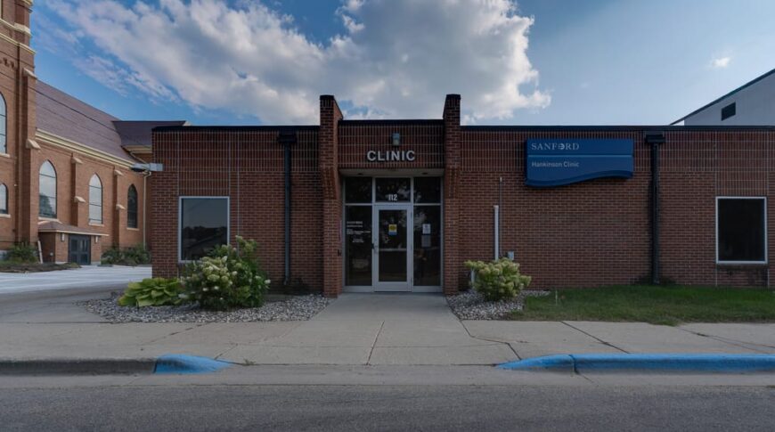 Sanford Hankinson-Low Res-64 Exterior dark brown brick facade of Hankinson Clinic with a couple green bushes besides the main door and sidewalk in front.